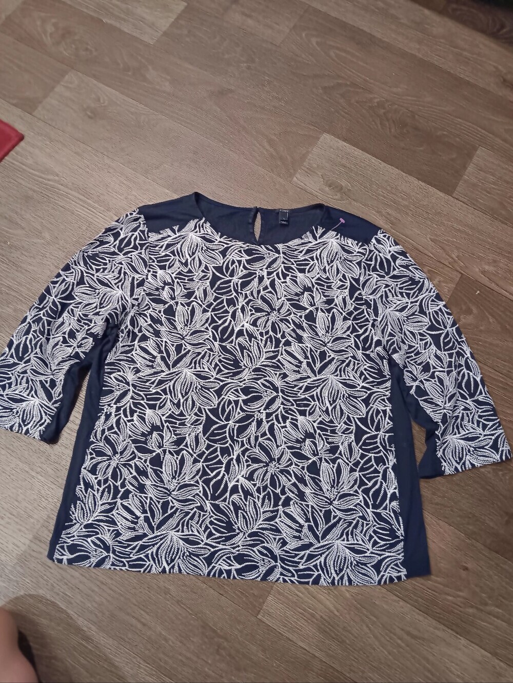 J. Crew Navy Top with White Floral Embroidery Sz L
